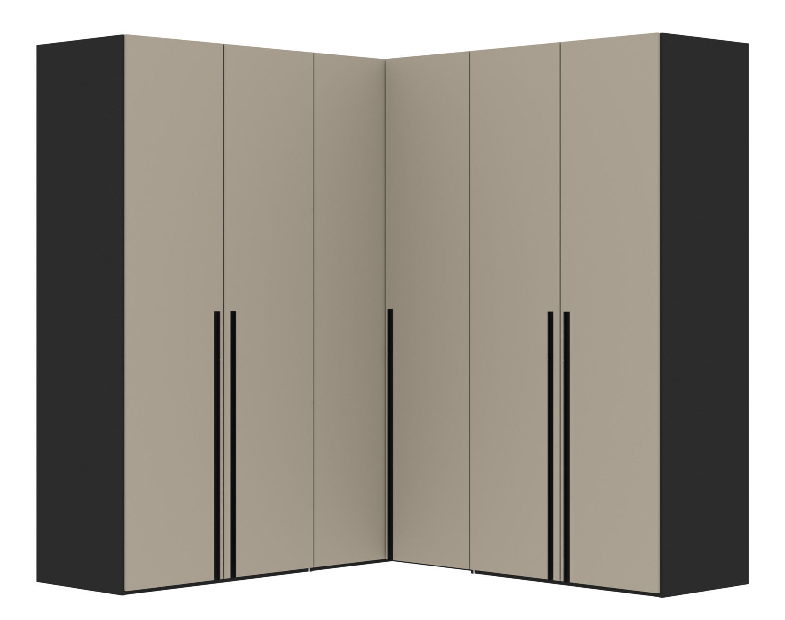 Sechstüriger Drehtürenschrank in L-Form, beige Fronten mit schwarzen Seitenwänden, Frontalansicht