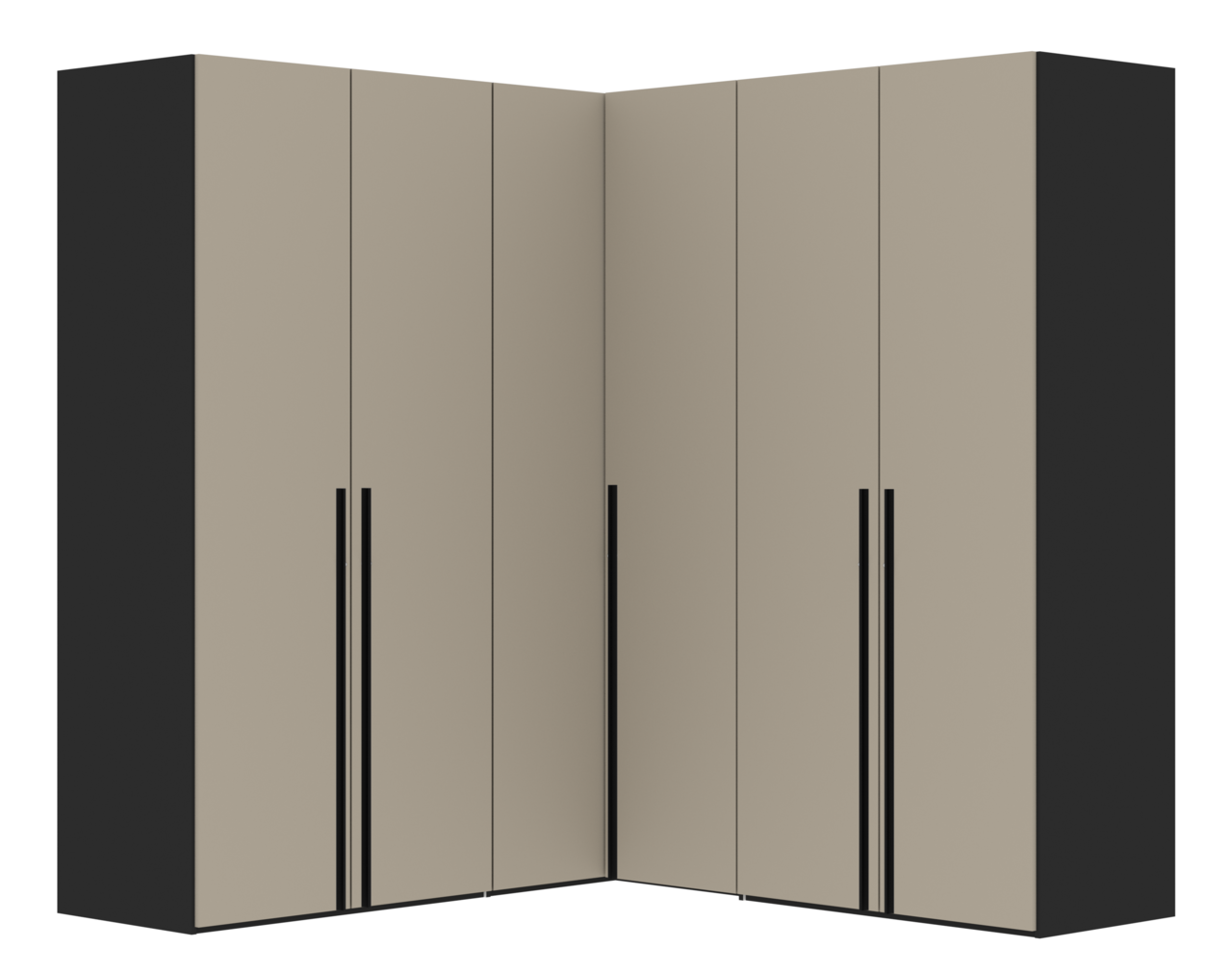 Jutzler Drehtürenschrank 6-trg. JUTZLER Sechstüriger Drehtürenschrank in L-Form, beige Fronten mit schwarzen Seitenwänden, Frontalansicht