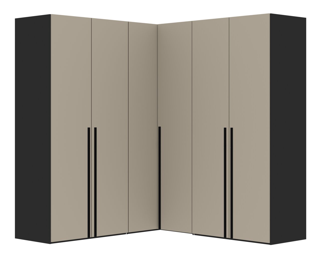L-vormige kast met zes draaideuren, beige fronten met zwarte zijwanden, vooraanzicht