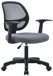 Grauer Drehstuhl mit Netzrückenlehne und Armlehnen, seitliche Perspektive