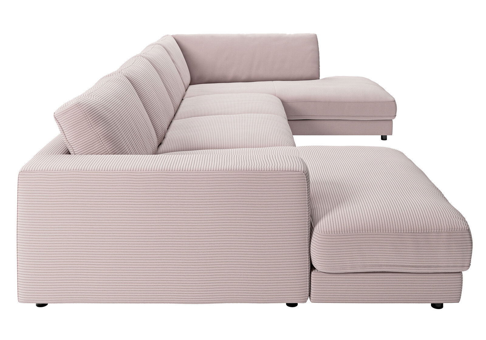 Seitenansicht einer modernen Polsterrundecke in hellem Stoff mit feiner Struktur.