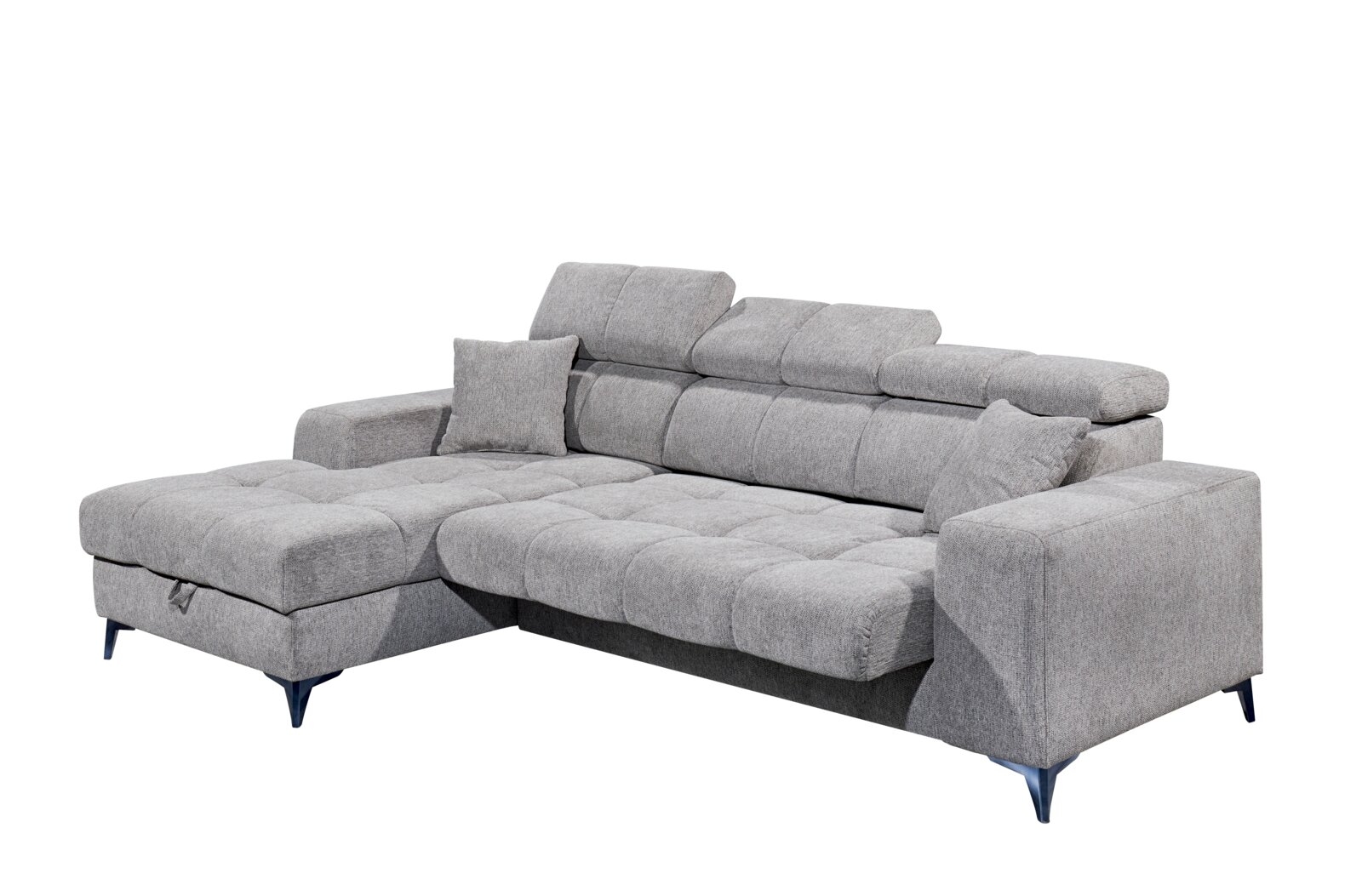 Z2 Ecksofa SYDNEY Graues Ecksofa mit verstellbaren Kopfstützen und Kissen, Perspektive von vorne links