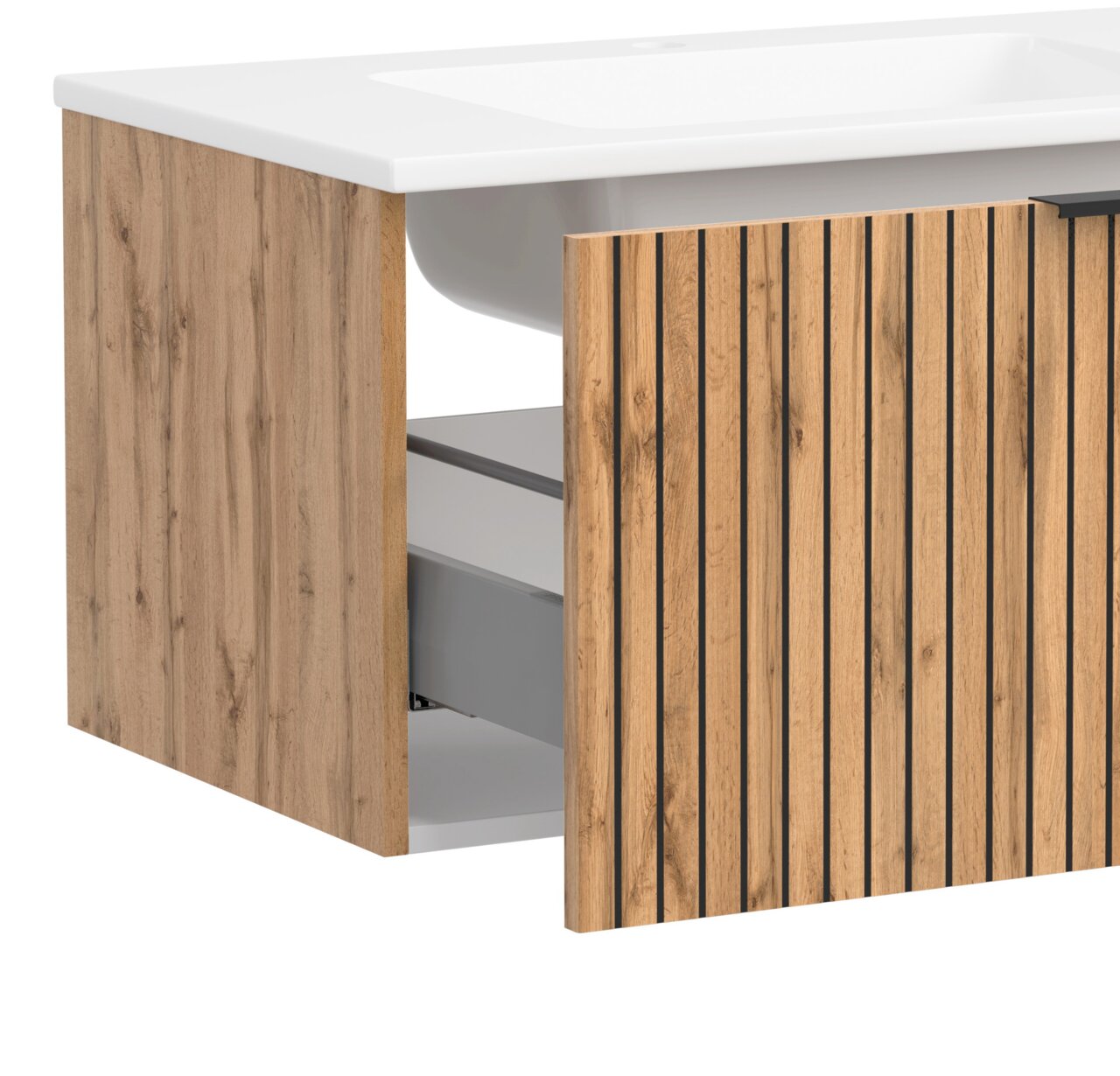 Waschtisch-Set 80 cm mit Holzoptik, seitliche Perspektive