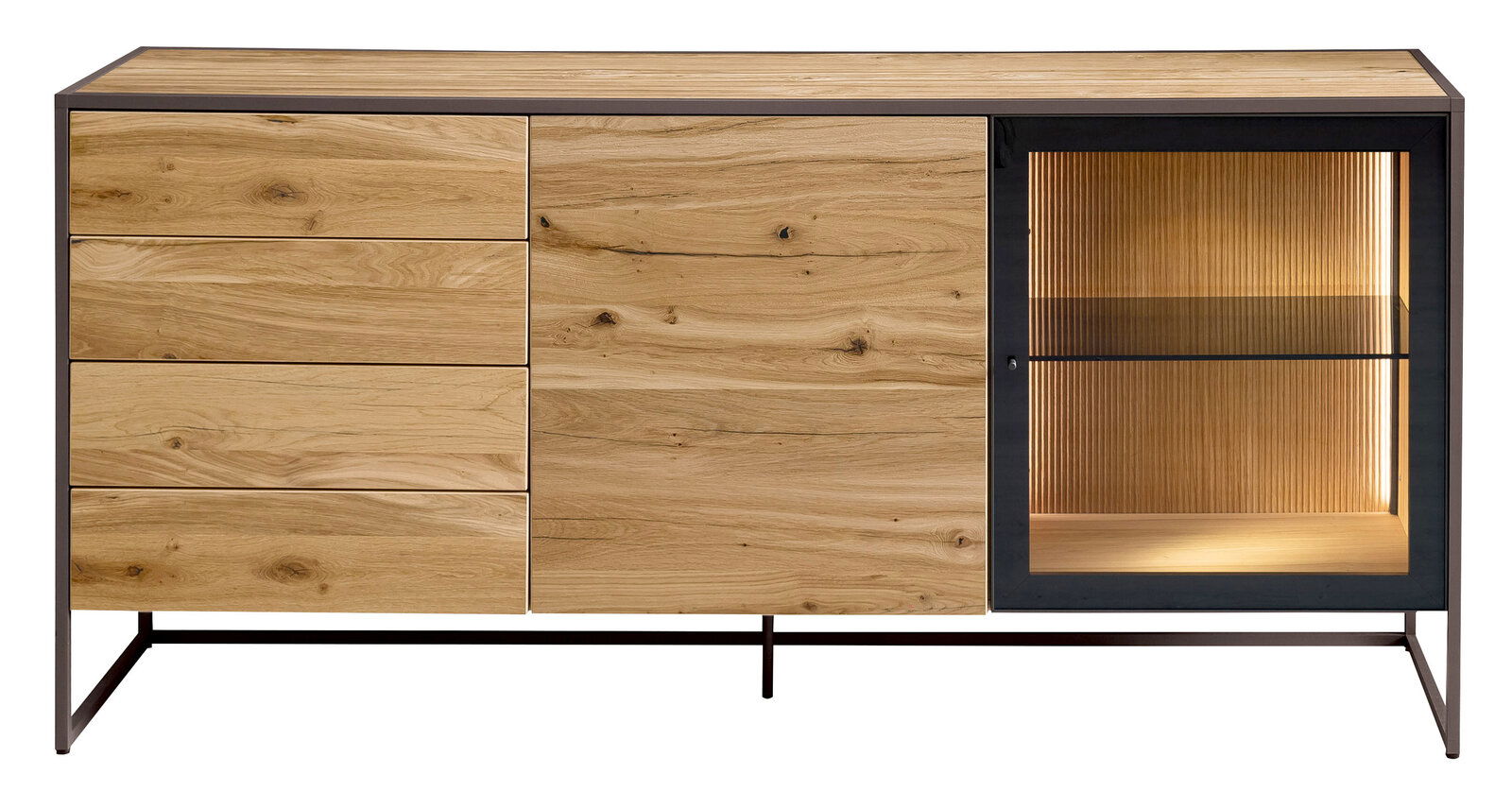 Venjakob Sideboard TAGENA Frontale Ansicht eines modernen Sideboards aus Holz mit Schubladen und beleuchtetem Glasteil.