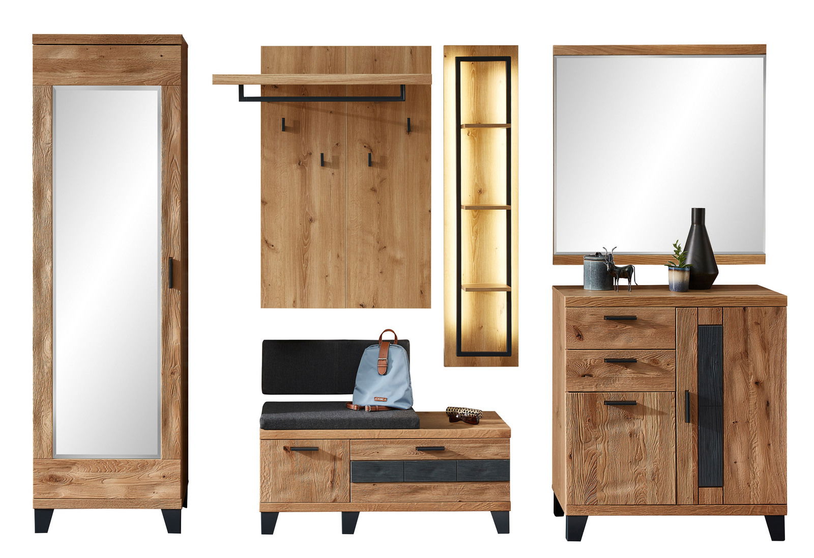 Linea Natura Garderobenkombination-Set PERSIKO Garderobenkombination Set 80 in Holzoptik, bestehend aus einem hohen Schrank mit Spiegel, einer Sitzbank mit Stauraum, einem Wandpaneel mit Haken und Ablage, einem beleuchteten Regal und einer Kommode mit Spiegel. Frontalansicht.