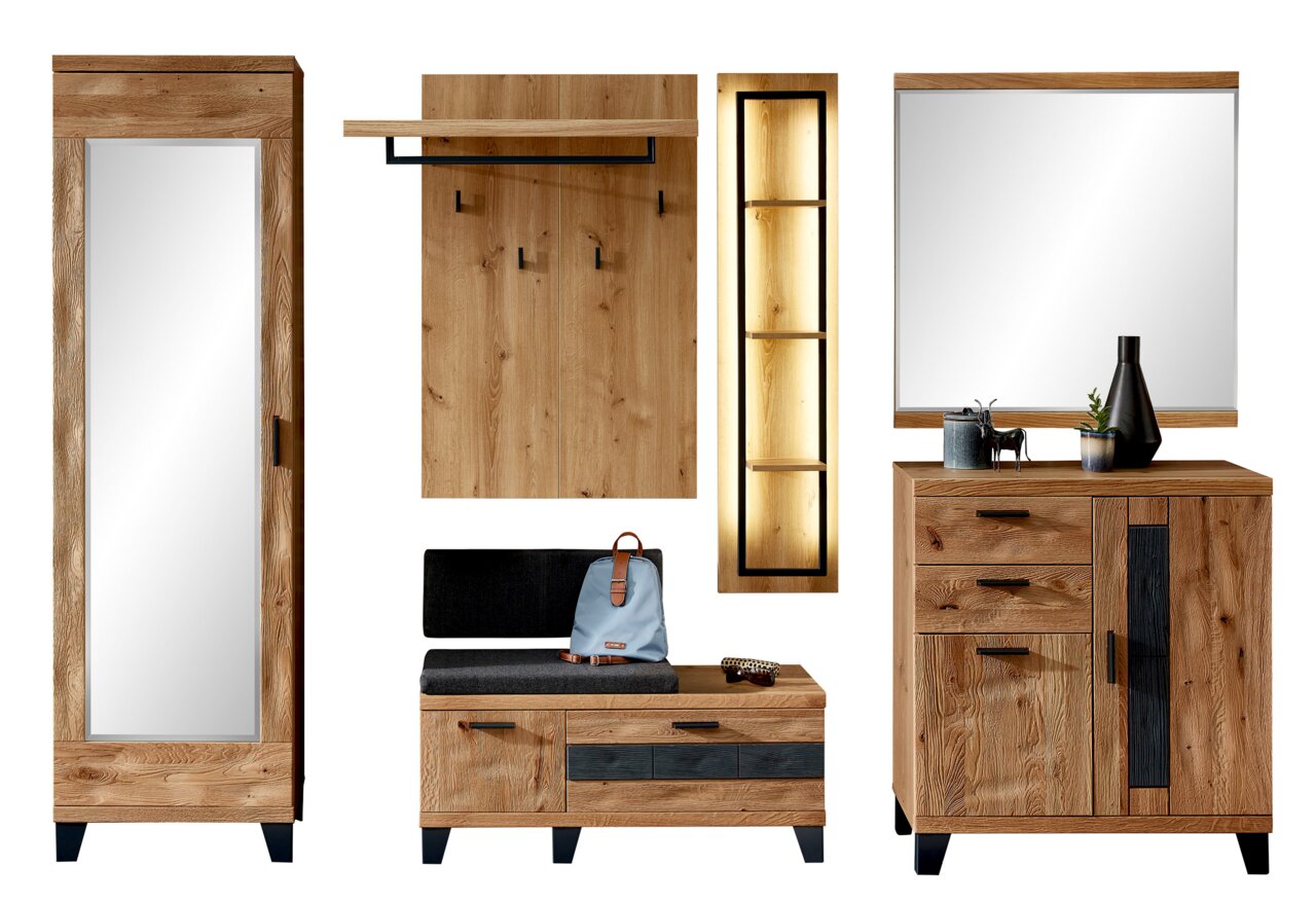 Linea Natura Garderobenkombination-Set PERSIKO Garderobenkombination Set 80 in Holzoptik, bestehend aus einem hohen Schrank mit Spiegel, einer Sitzbank mit Stauraum, einem Wandpaneel mit Haken und Ablage, einem beleuchteten Regal und einer Kommode mit Spiegel. Frontalansicht.