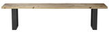 Gartenbank aus Holz mit Metallbeinen, frontal betrachtet.