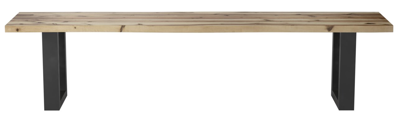 Houten tuinbank met metalen poten, gezien vanaf de voorkant.