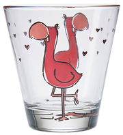 Glas mit rotem Flamingo-Design und kleinen Herzen, seitliche Perspektive