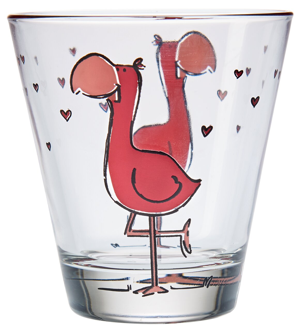 Glas mit rotem Flamingo-Design und kleinen Herzen, seitliche Perspektive