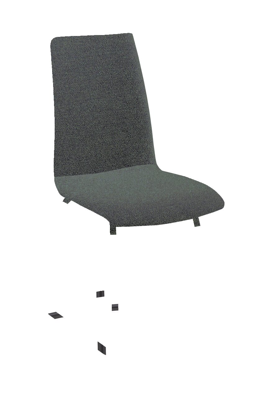 Moderner Freischwinger-Stuhl in seitlicher Perspektive mit grauem Stoffbezug und schwarzem Metallgestell.