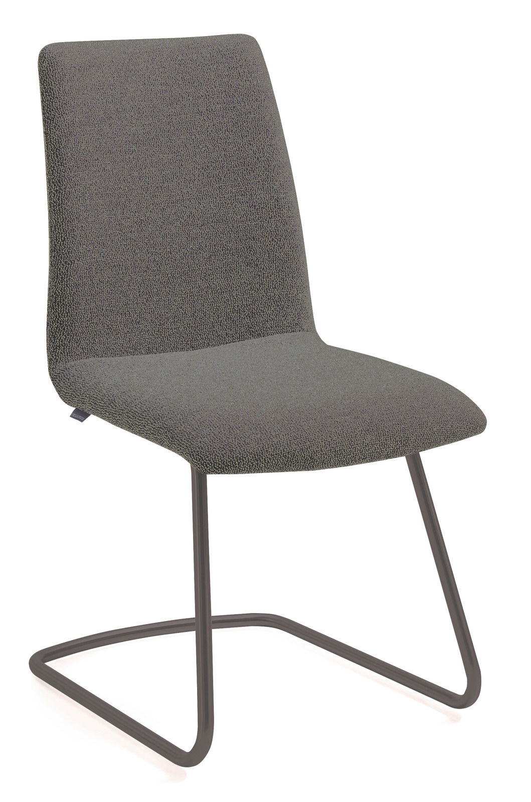 Moderner Freischwinger-Stuhl in seitlicher Perspektive mit grauem Stoffbezug und schwarzem Metallgestell.