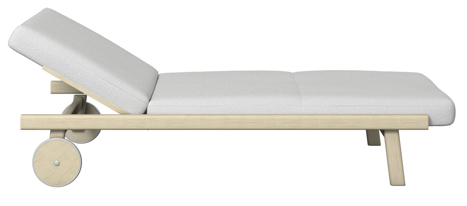 Seitliche Ansicht einer Sonnenliege mit verstellbarer Rückenlehne und Holzrahmen auf zwei Rädern.