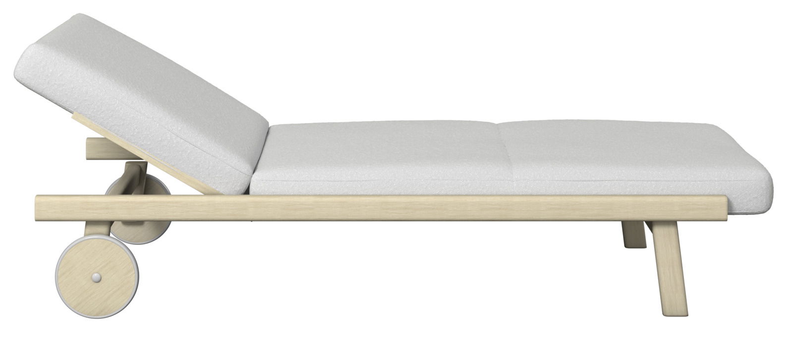Seitliche Ansicht einer Sonnenliege mit verstellbarer Rückenlehne und Holzrahmen auf zwei Rädern.