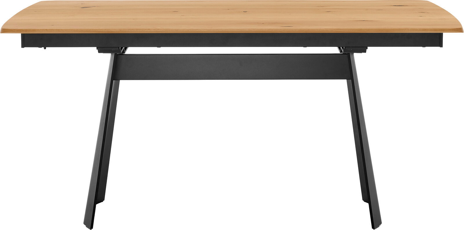 Moderner Tisch mit heller Holzplatte und schwarzem Metallgestell, frontal in leichter Untersicht freigestellt auf weißem Hintergrund