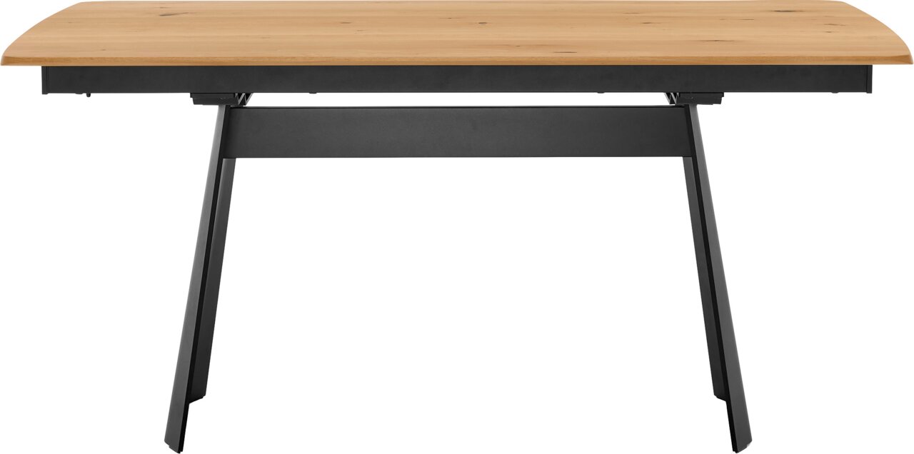 Moderne tafel met een lichtgekleurd houten blad en een zwart metalen onderstel, vooraanzicht in lichte onderaanzicht op een witte achtergrond