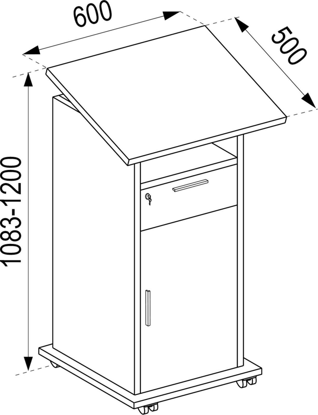 Technische Zeichnung eines schmalen, rollbaren Stehpults mit abschließbarer Tür und Ablage, Maße ca. 600 x 500 mm, Höhe 1083–1200 mm, dargestellt in schräger Vorderansicht von oben.