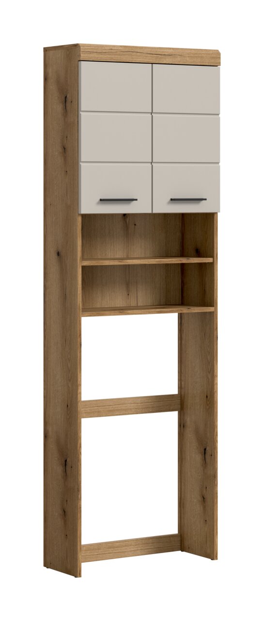 Hoher Badschrank in Holzoptik mit drei weißen Schubladen und offenen Ablagefächern, freistehend, in frontaler Ansicht leicht von links