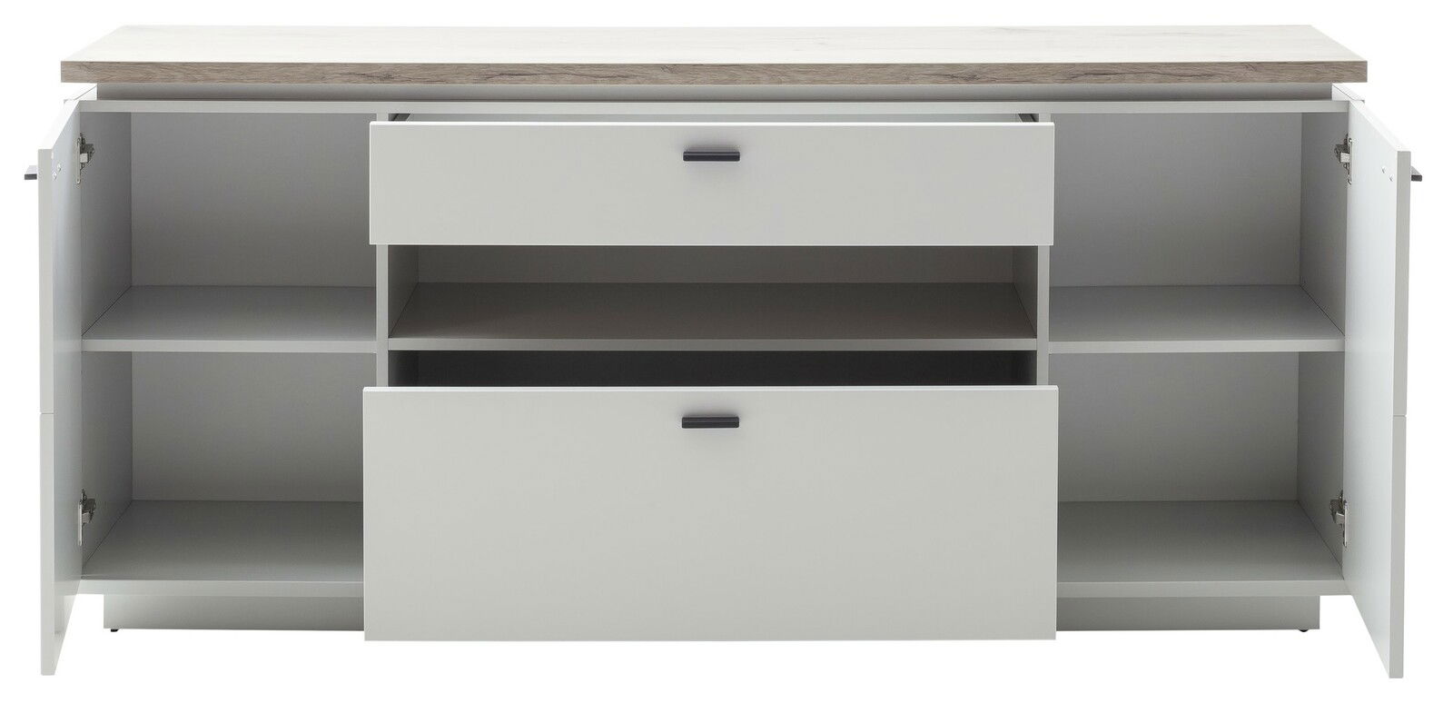 Weißes Sideboard mit zwei offenen Schubladen und zwei offenen Türen, frontal betrachtet.