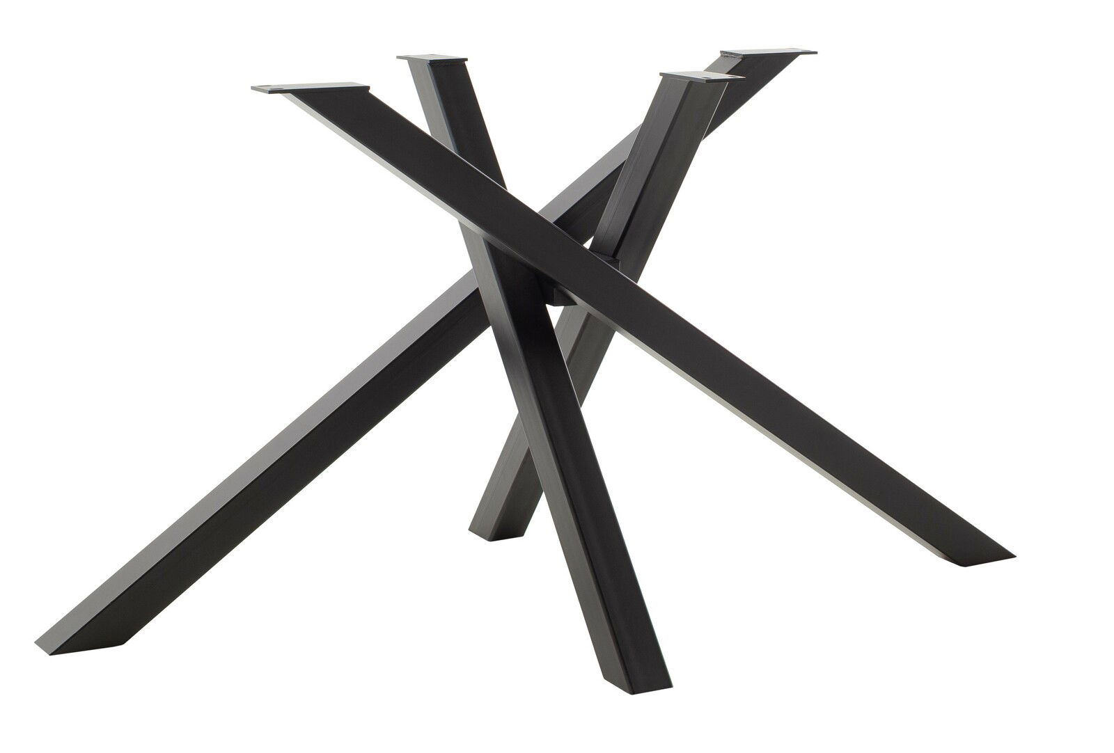 Schwarzes, modernes Tischgestell aus Metall in X-Form, seitliche Perspektive