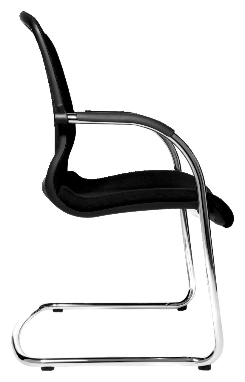 Moderner Besucherstuhl mit schwarzem Sitz und Rückenlehne, seitliche Perspektive, verchromtes Gestell.