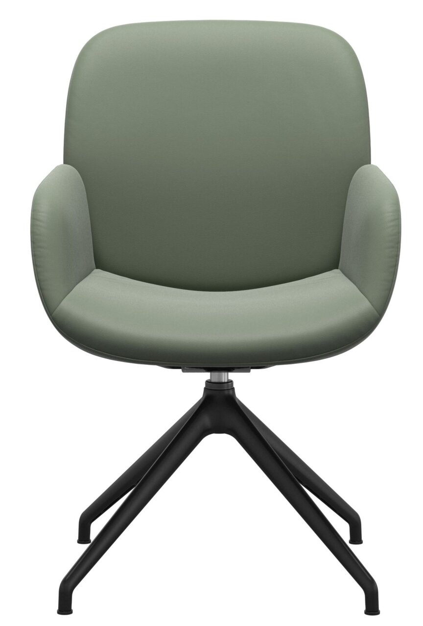 Moderner Stressless Sessel DINING BAY in grünem Leder, Vorderansicht mit schwarzem Metallgestell.