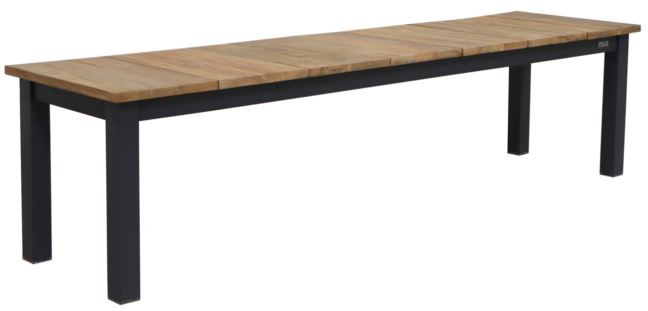 Gartenbank aus Holz mit Metallgestell, seitliche Perspektive