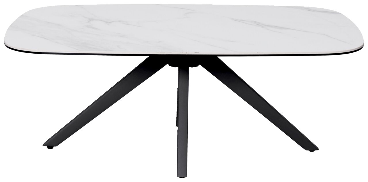 Moderner Couchtisch mit weißer Marmoroptik-Tischplatte und schwarzem Metallgestell, seitliche Perspektive.