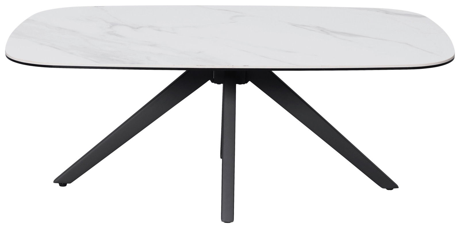 Moderner Couchtisch mit weißer Marmoroptik-Tischplatte und schwarzem Metallgestell, seitliche Perspektive.