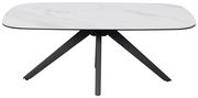 Moderner Couchtisch mit weißer Marmoroptik-Tischplatte und schwarzem Metallgestell, seitliche Perspektive.