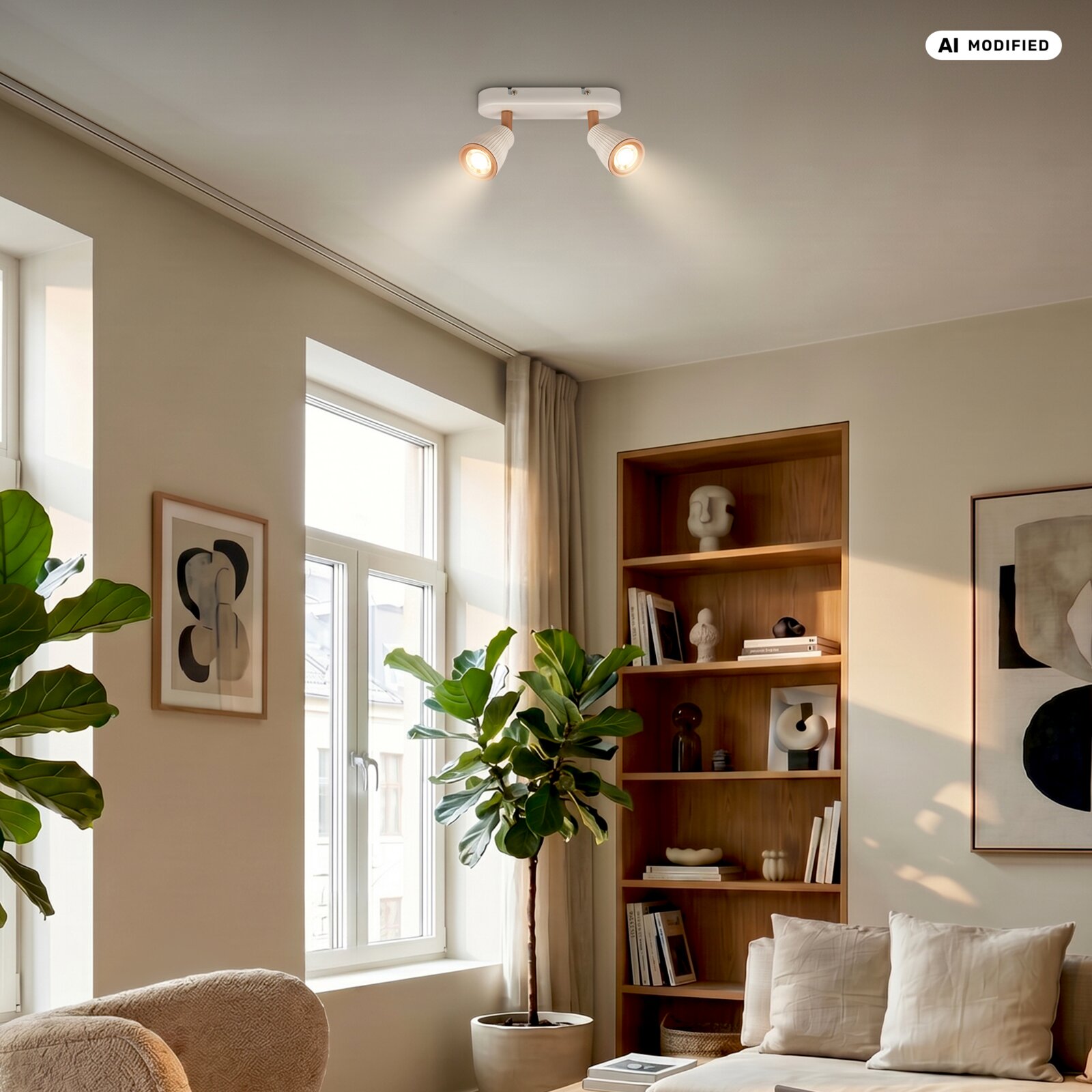 Moderne Deckenleuchte mit zwei verstellbaren Spotstrahlern in Weiß und Holzoptik, eingeschaltet, in einem hellen Wohnzimmer – Perspektive: Blick nach oben zur Decke aus Raumecke