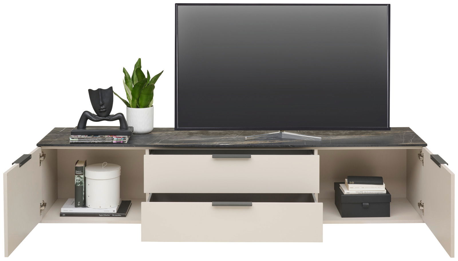 Voleo TV-Lowboard HALIFAX TV-Lowboard mit zwei offenen Schubladen und seitlichen Fächern, darauf ein Fernseher, Pflanzen und Dekorationen, frontale Perspektive