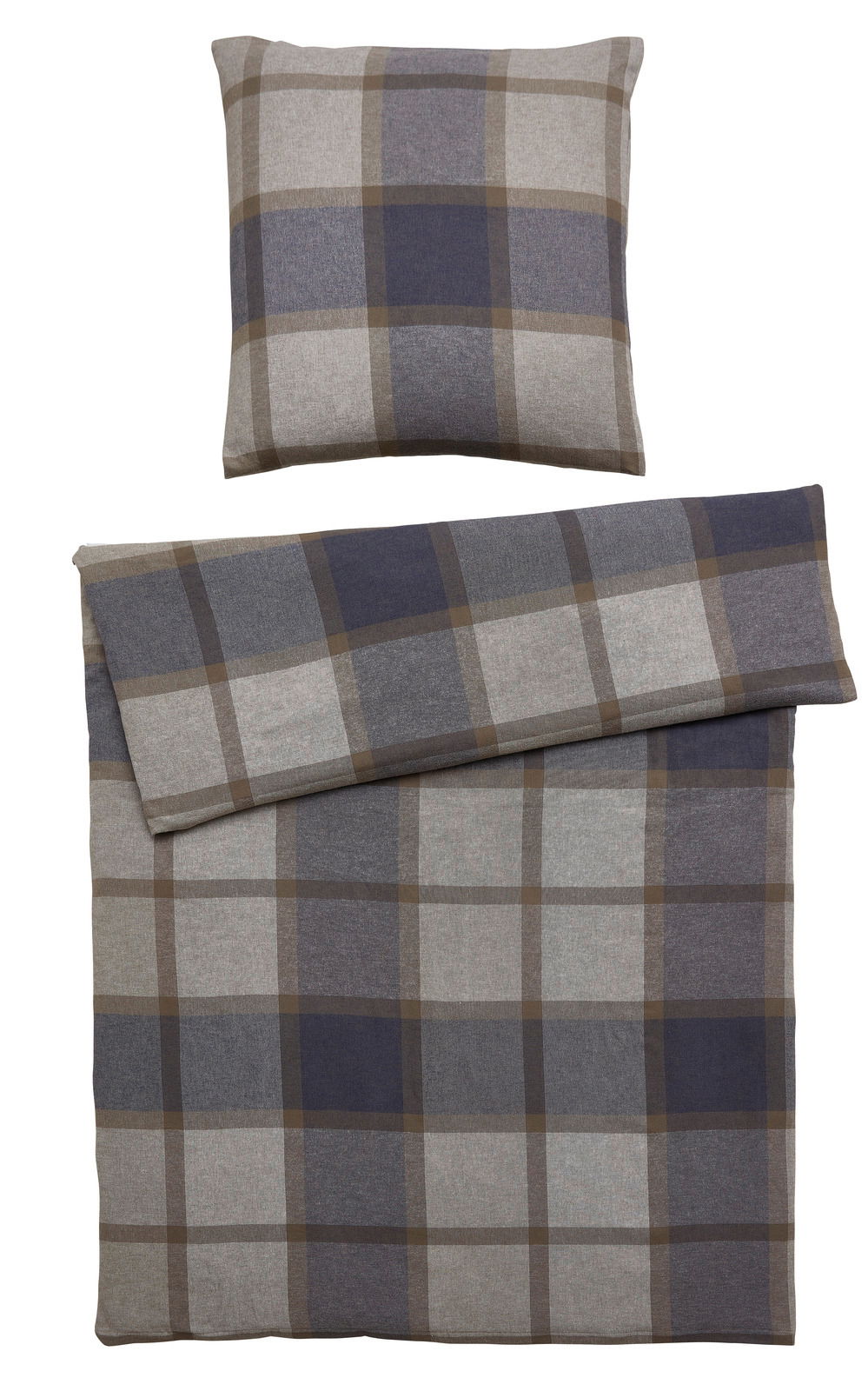 Bettwäsche-Set mit kariertem Muster in Blau- und Brauntönen, bestehend aus einem Kissenbezug und einem Bettdeckenbezug, aus der Vogelperspektive fotografiert.