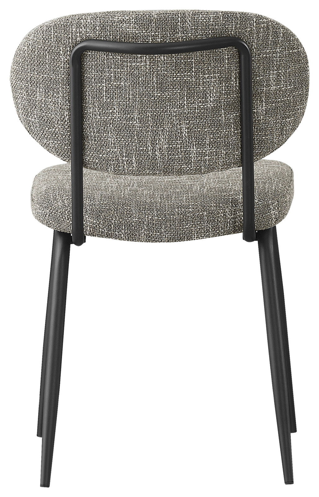 BOXXX Stuhl PETER Rückansicht eines modernen Stuhls mit grauem Stoffbezug und schwarzem Metallrahmen.