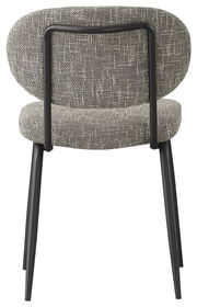 Rückansicht eines modernen Stuhls mit grauem Stoffbezug und schwarzem Metallrahmen.