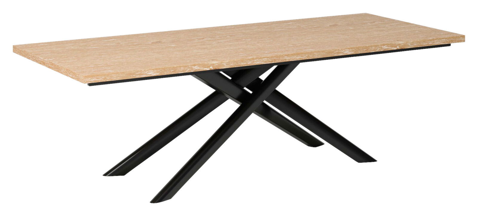 JOOP! Esstisch CHARACTERS Moderner Esstisch mit heller Holzplatte und schwarzem, gekreuztem Metallgestell, seitliche Perspektive