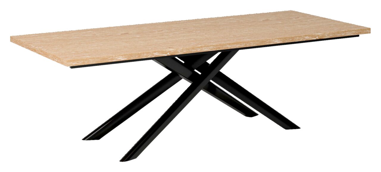 Moderner Esstisch mit heller Holzplatte und schwarzem, gekreuztem Metallgestell, seitliche Perspektive