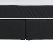 Nahaufnahme eines Boxspringbettes in dunklem Stoff mit weißem Rand, Vorderansicht.