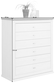 Weiße Kommode mit fünf Schubladen, dekoriert mit einer Pflanze und einer Eulenfigur auf der Oberseite, seitliche Perspektive.