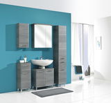 Moderner Hochschrank in grauer Holzoptik, Teil eines stilvollen Badezimmersets, frontal abgebildet.