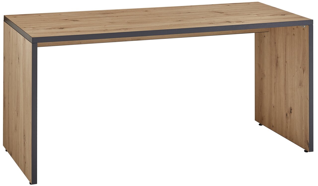 Moderner Schreibtisch aus Holz mit Metallakzenten, seitliche Perspektive