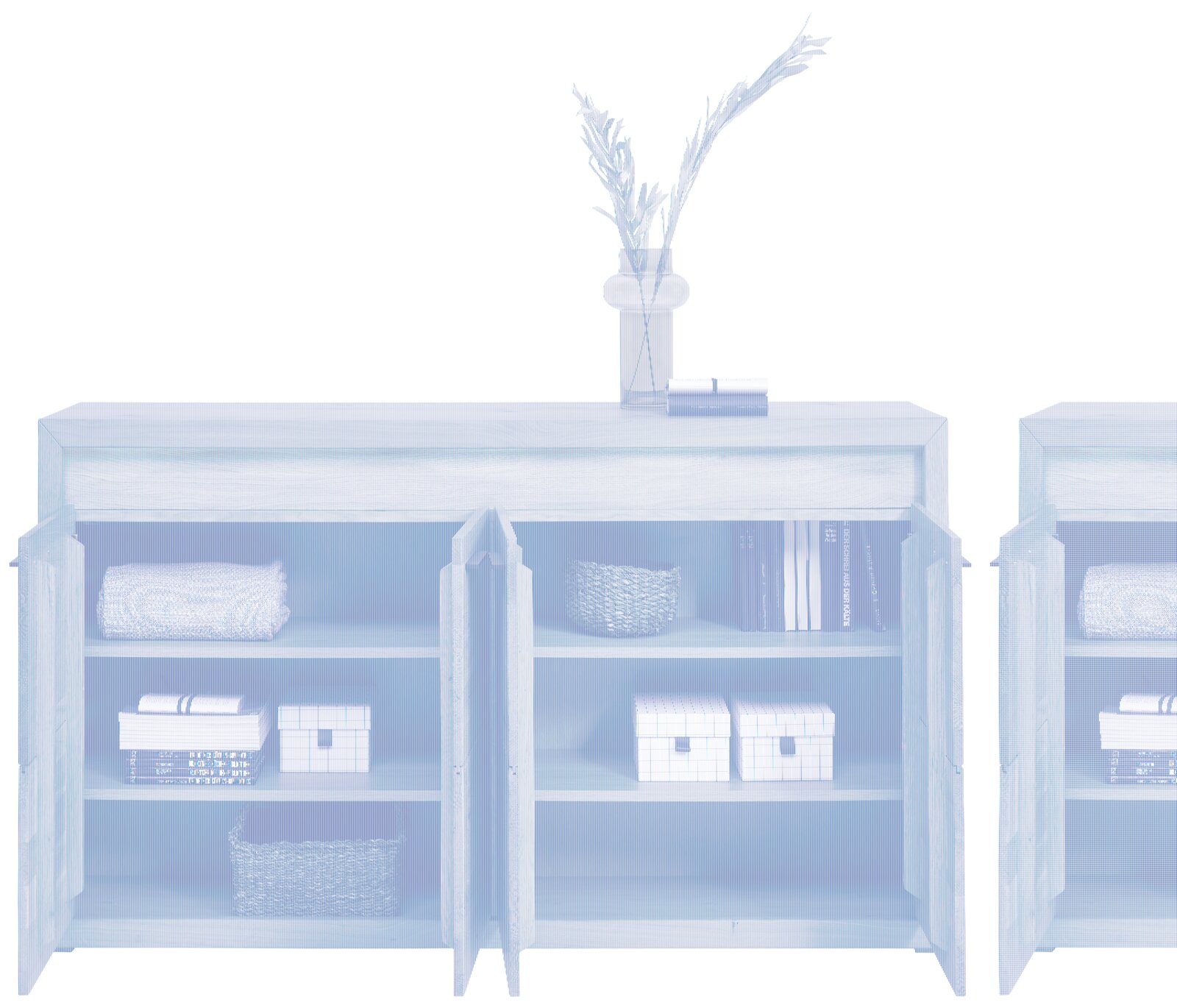 Holz-Sideboard mit offenen Türen, gefüllt mit Büchern, Körben und Dekorationen, aus frontaler Perspektive