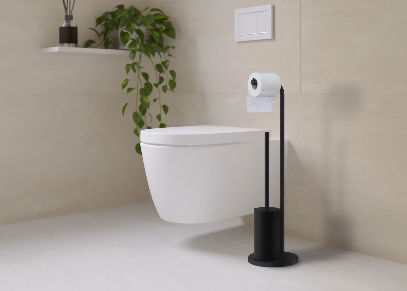 Moderner Toilettenpapierhalter und WC-Bürste in schwarzem Design, seitliche Perspektive im Badezimmer.
