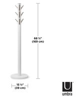 Moderner Garderobenständer in Weiß mit mehreren Haken, seitliche Perspektive, Höhe 169 cm, Breite 39 cm.