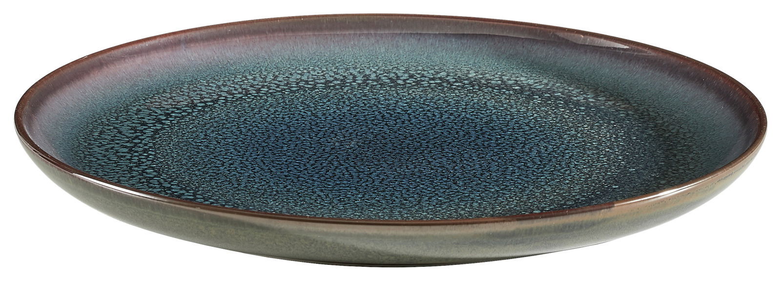 Keramikteller in Blau- und Brauntönen, seitliche Perspektive
