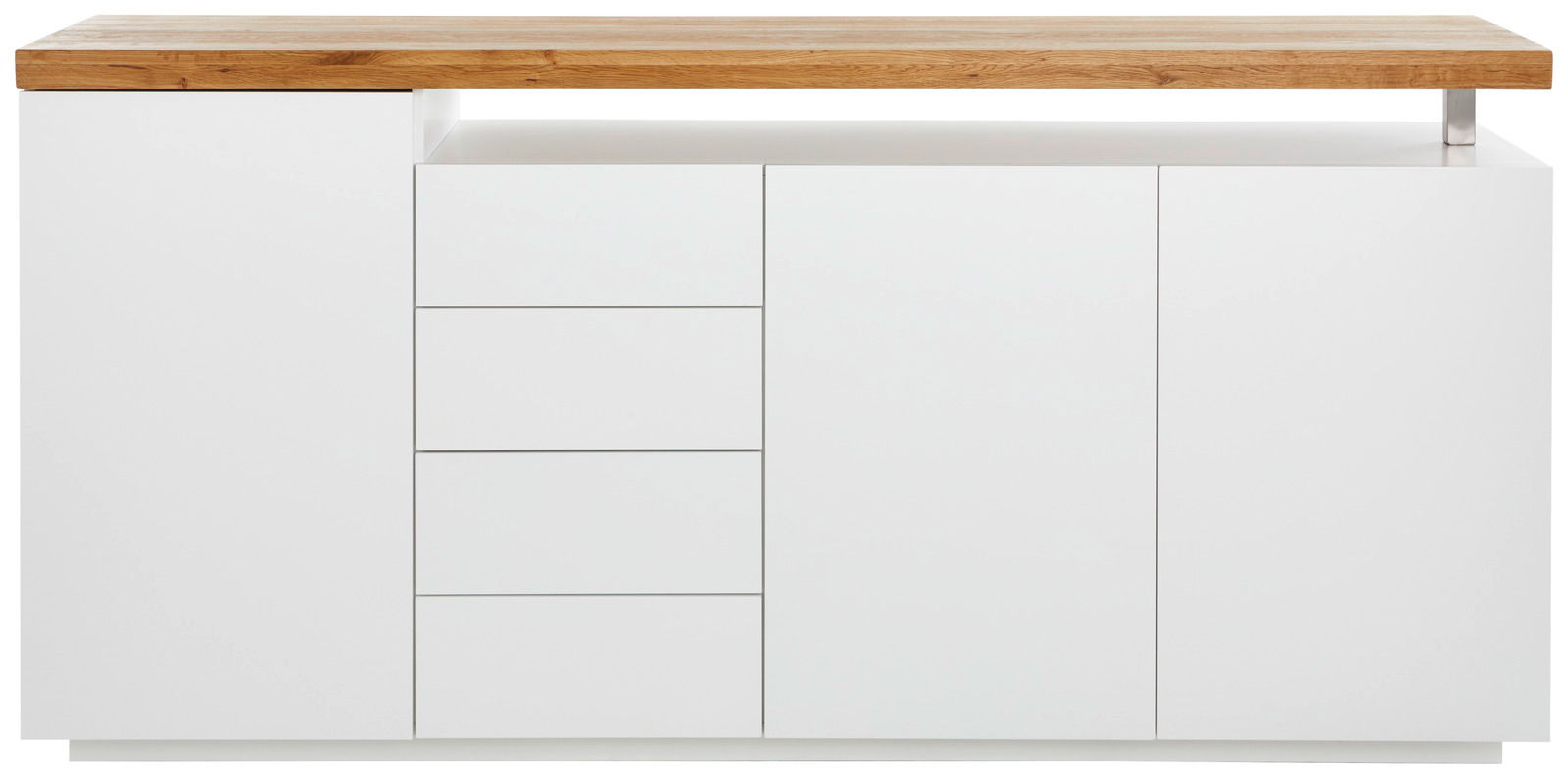 Frontansicht eines modernen XL-Sideboards mit weißem Korpus und Holzplatte.