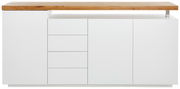 Frontansicht eines modernen XL-Sideboards mit weißem Korpus und Holzplatte.