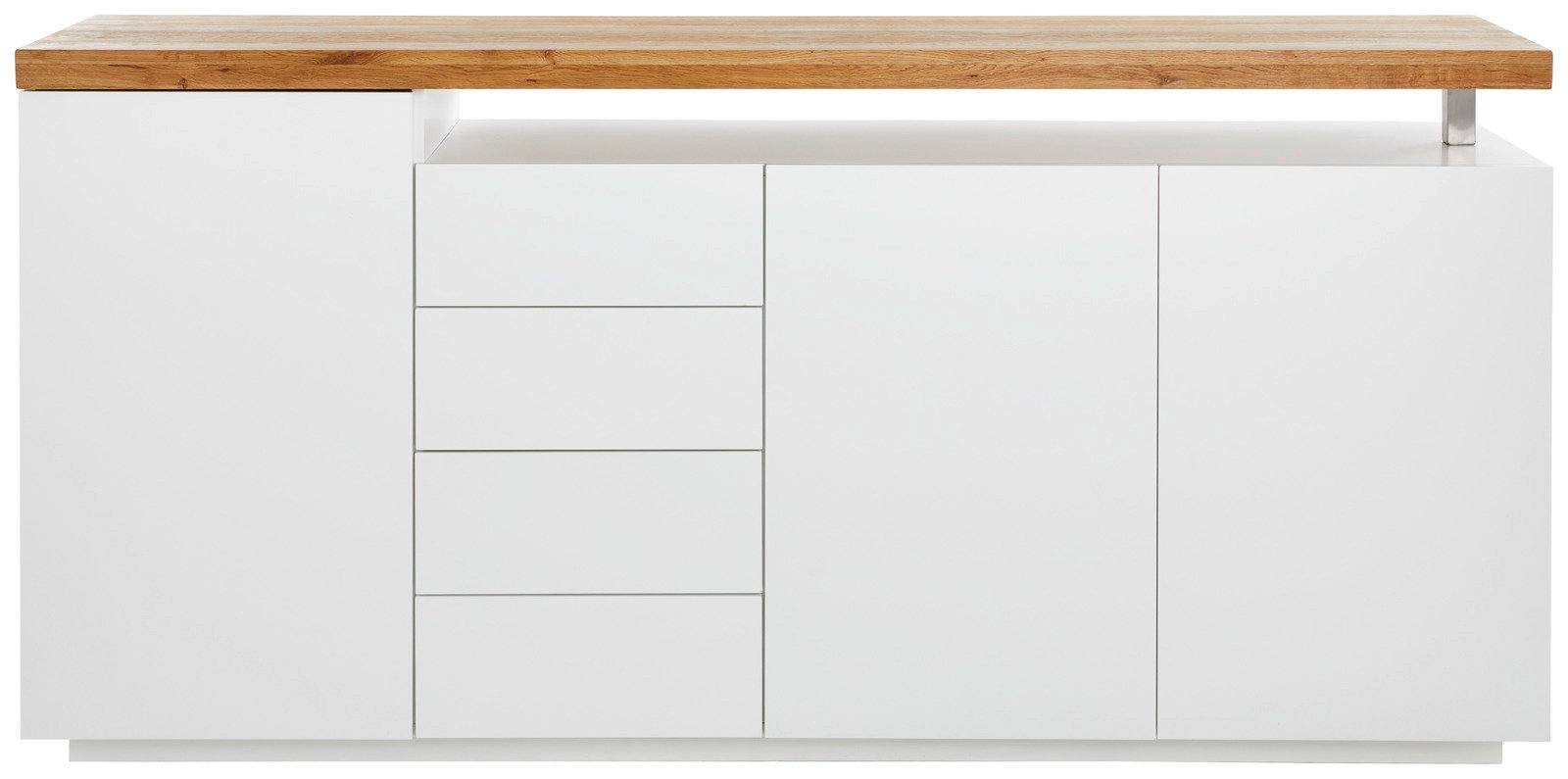 Frontansicht eines modernen XL-Sideboards mit weißem Korpus und Holzplatte.
