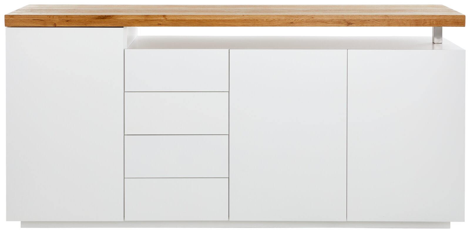 Frontansicht eines modernen XL-Sideboards mit weißem Korpus und Holzplatte.