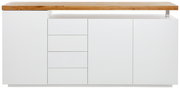 Frontansicht eines modernen XL-Sideboards mit weißem Korpus und Holzplatte.